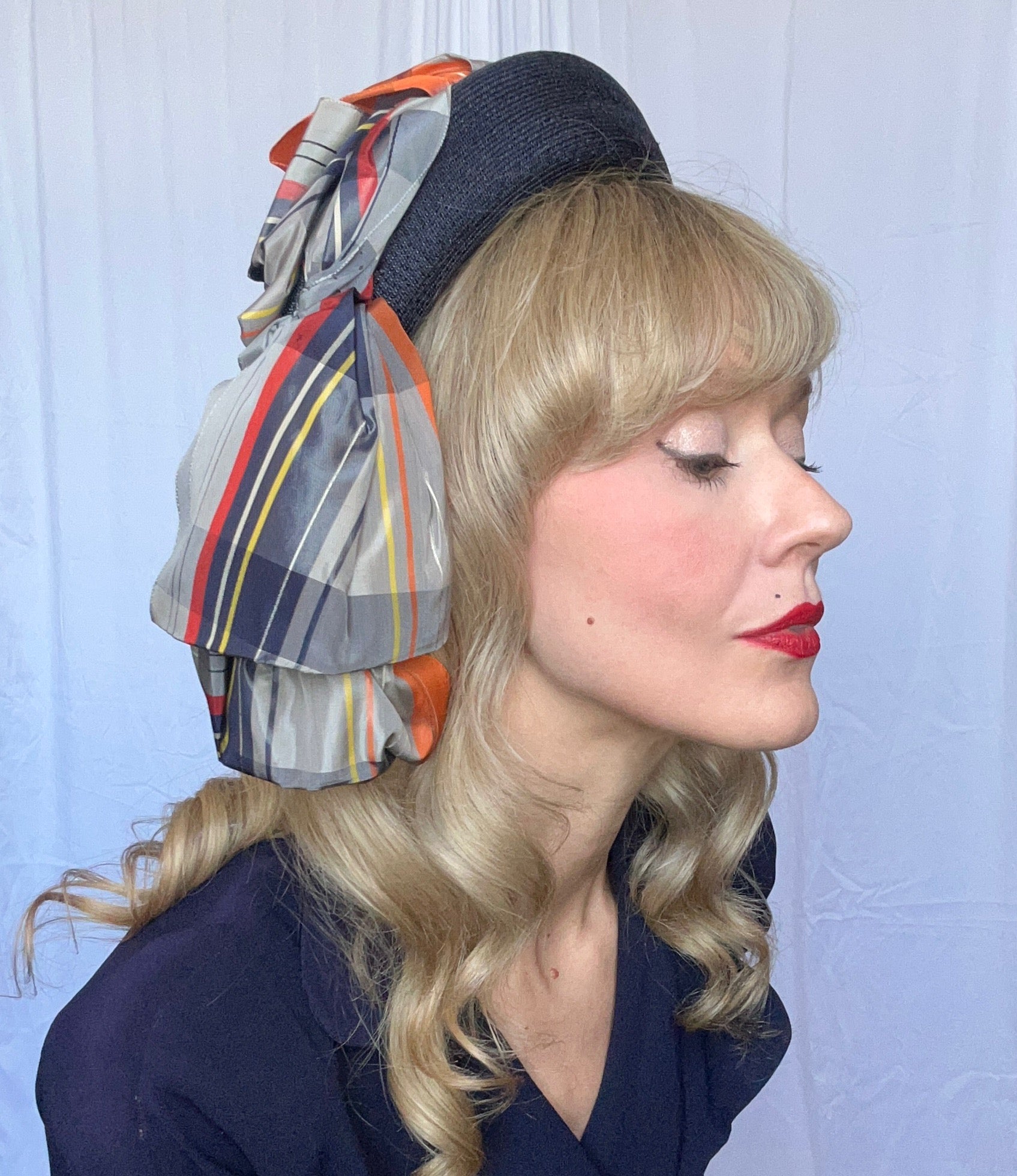 1940s Blue Hat with Plaid Taffeta Scarf detail