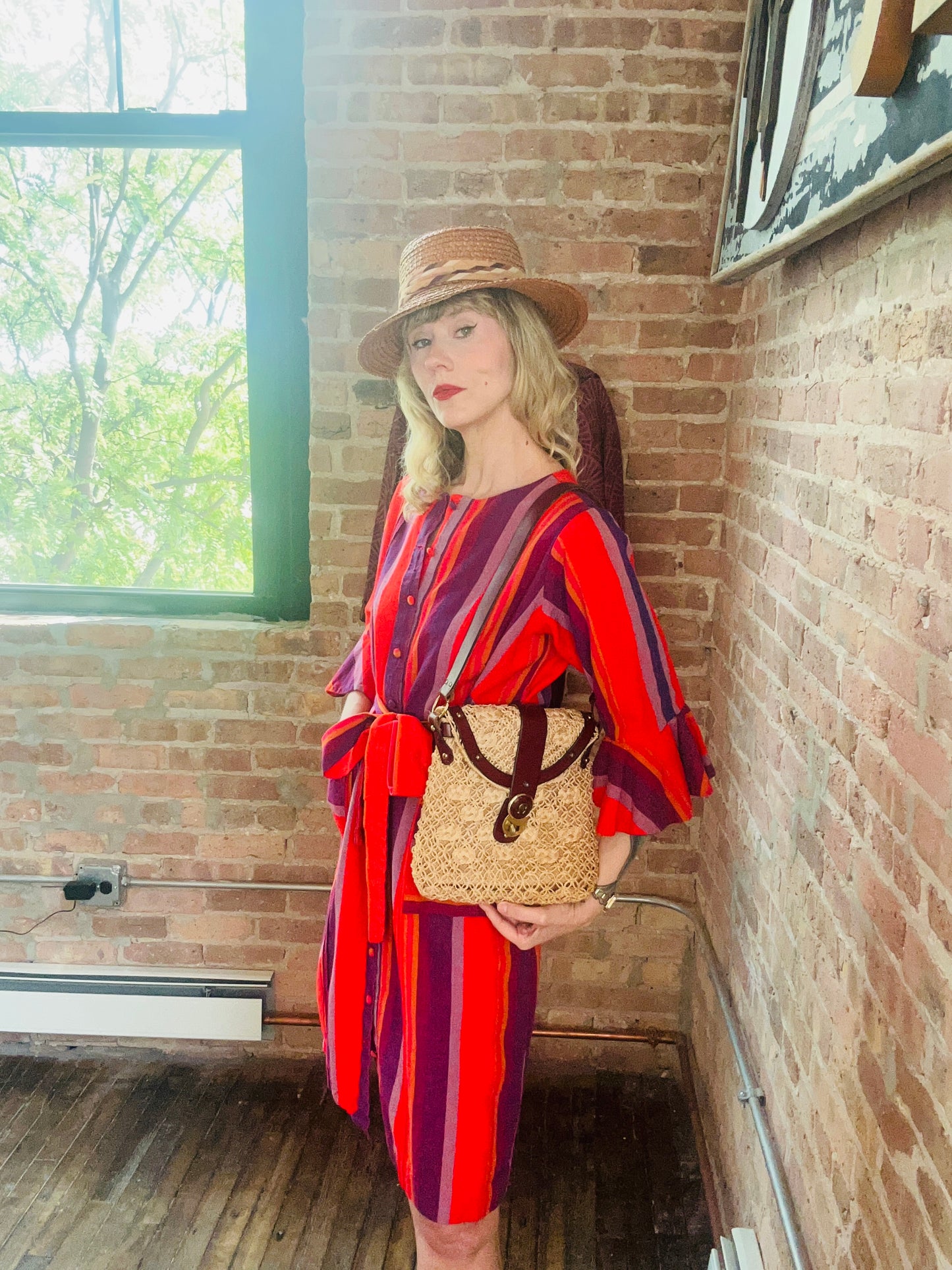 1970s Guatemalan Cotton Bright Red and Purple Stripe Dress - M/L