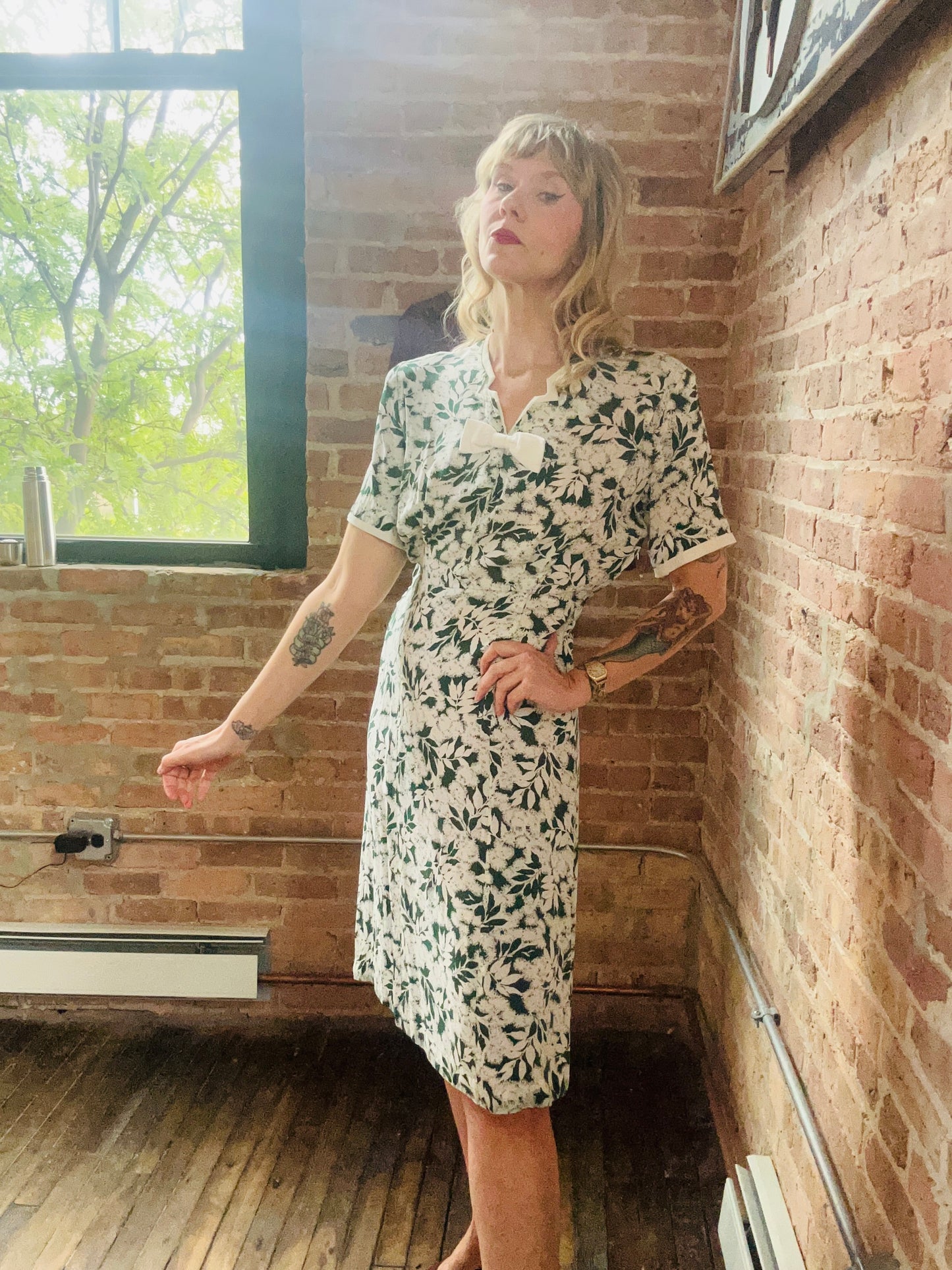 1930s Green & White Floral Silk Dress - M/L