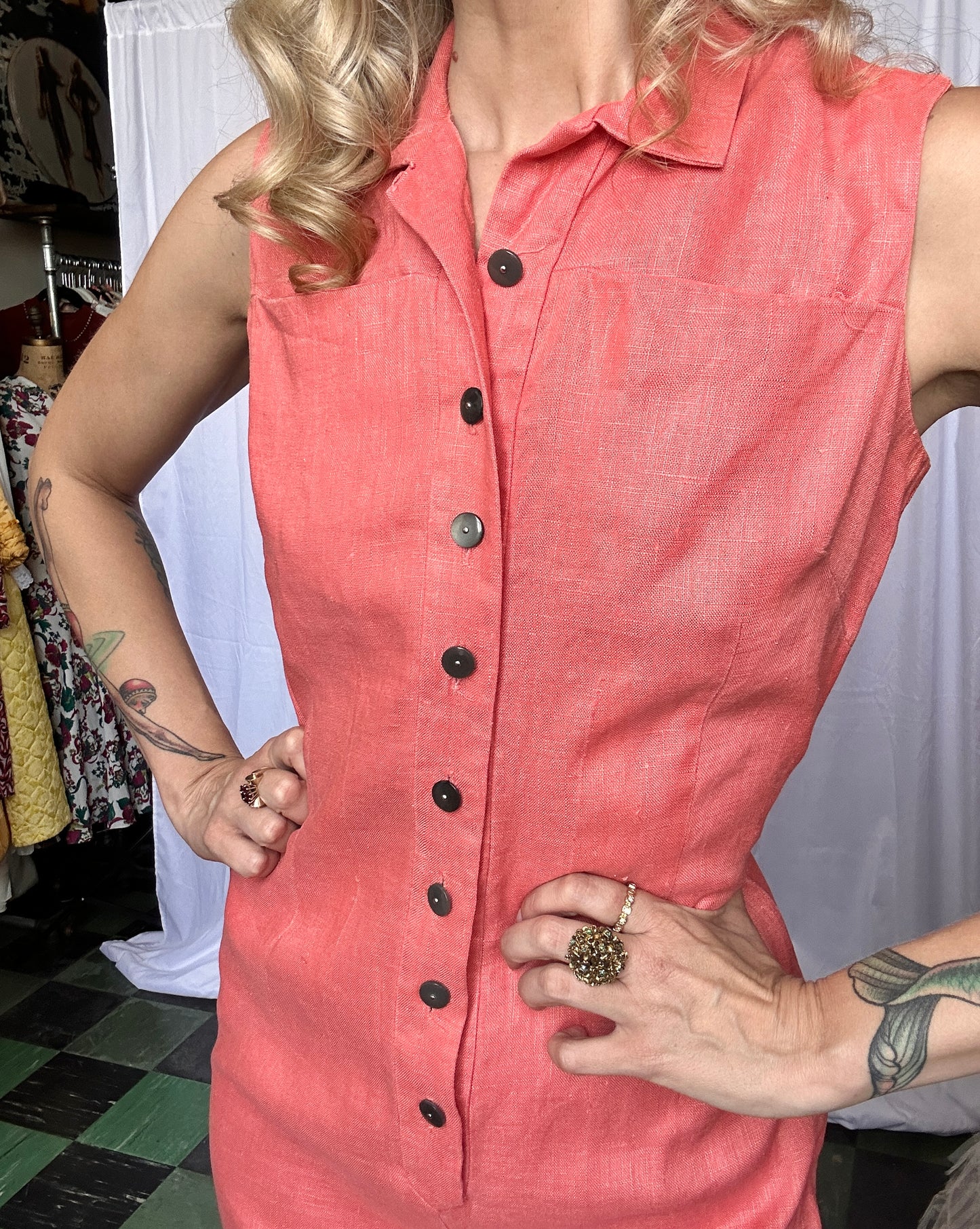 1950s Coral Linen Dress by Henry Rosenfeld - Medium