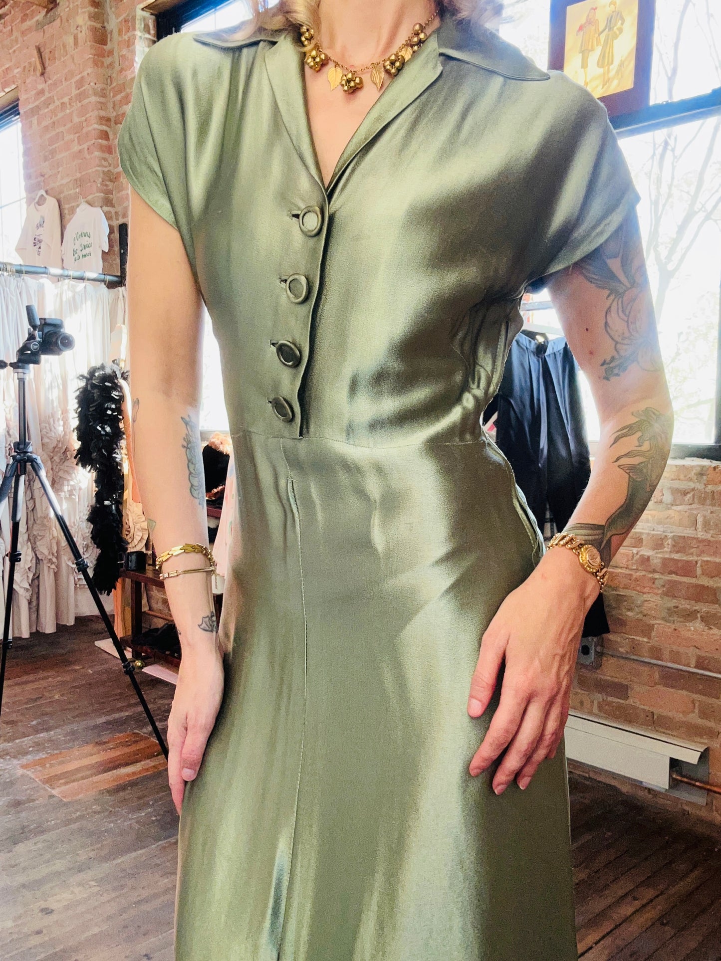 1940s Green Silk Satin Dress - S/M
