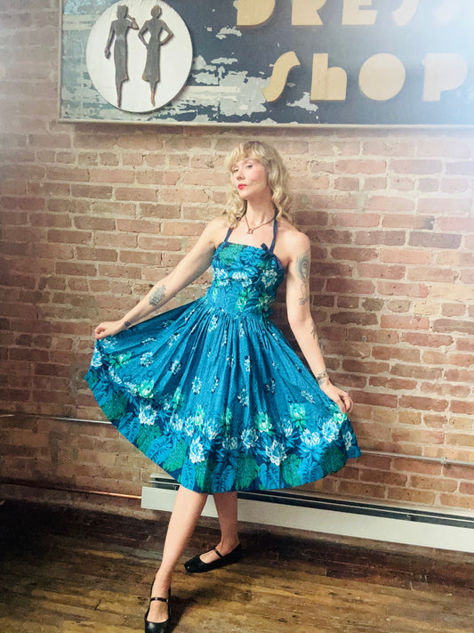 1950s Hawaiian Floral blue Cotton Dress - S/M