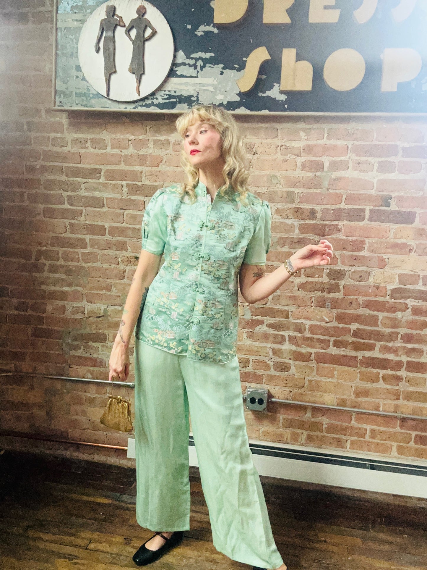 1940s Mint Green Silk Japanese Lounge Pant Suit - Medium