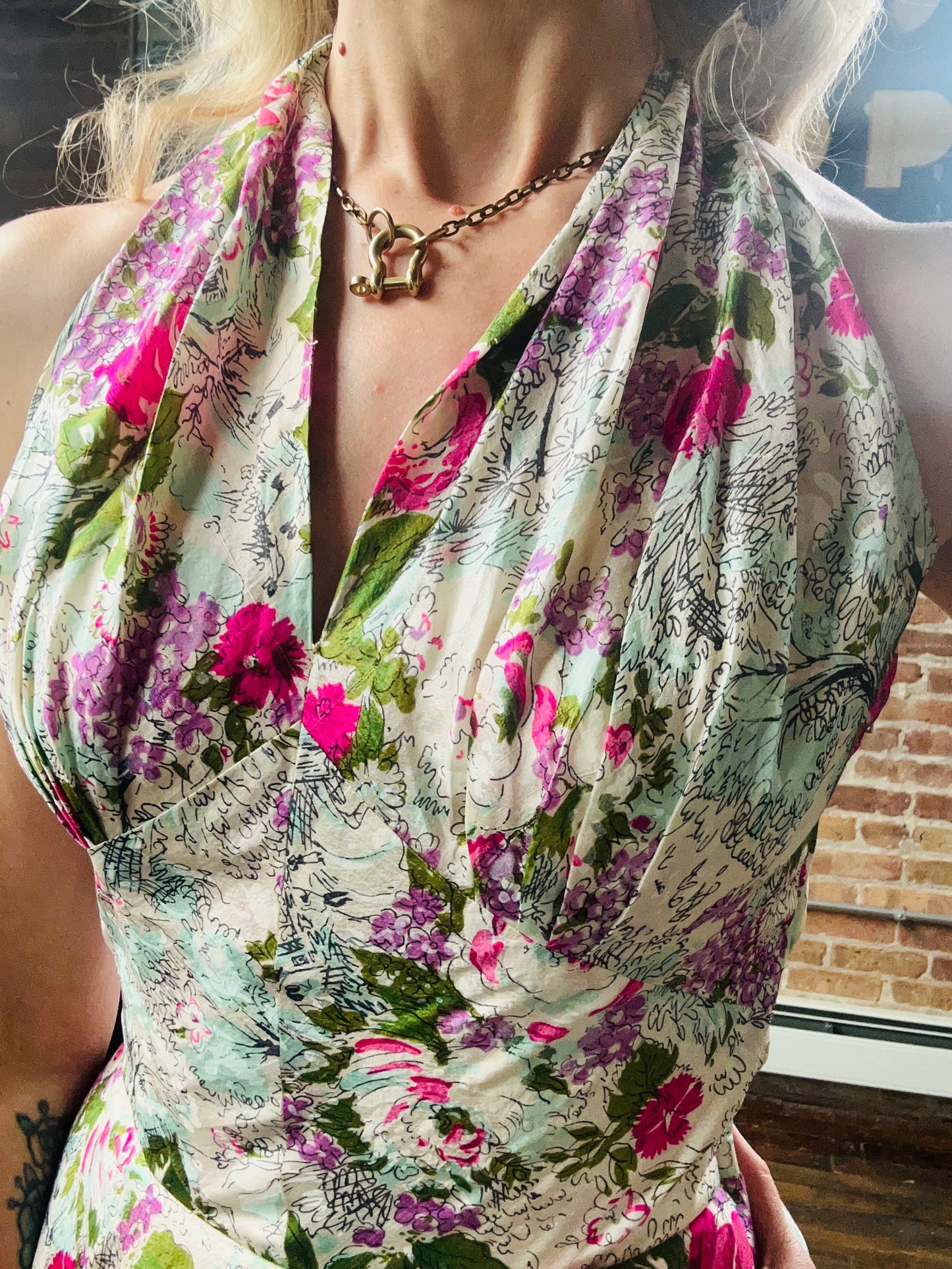 1950s Silk Floral Halter Dress & Scarf - Xsmall