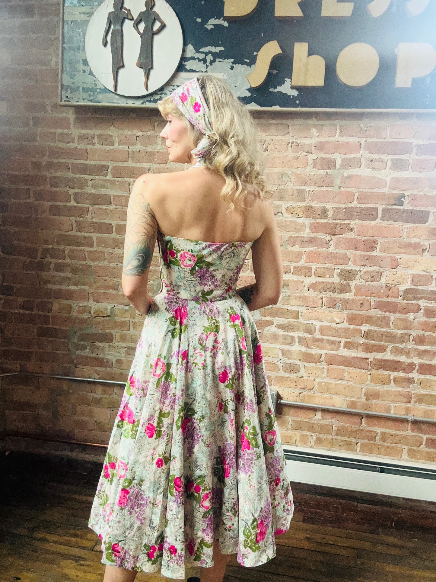 1950s Silk Floral Halter Dress & Scarf - Xsmall