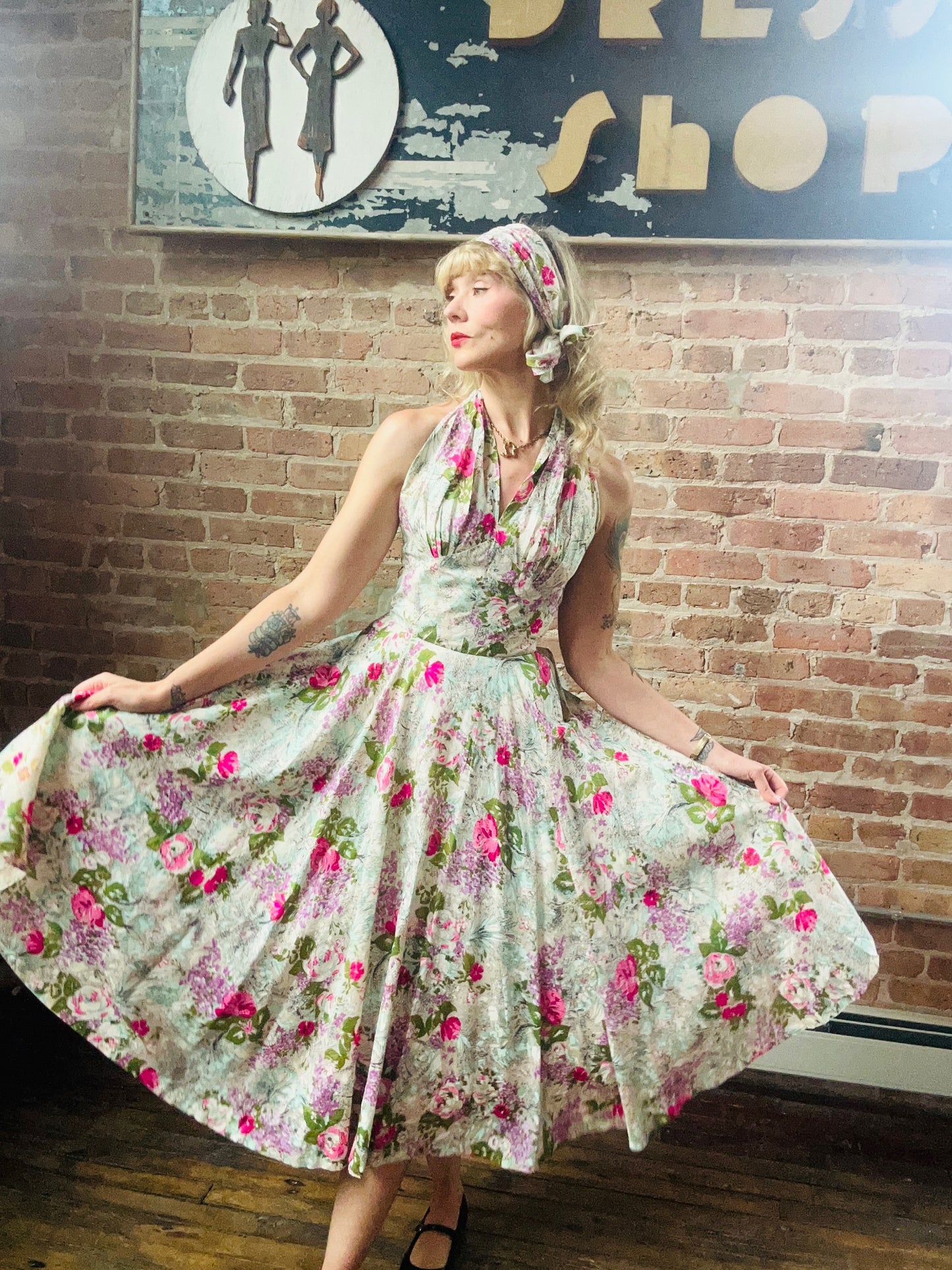 1950s Silk Floral Halter Dress & Scarf - Xsmall