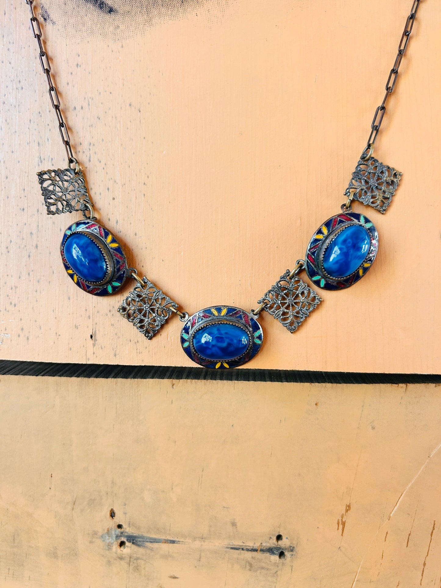 1940s Blue Stone & Enamel Deco Necklace