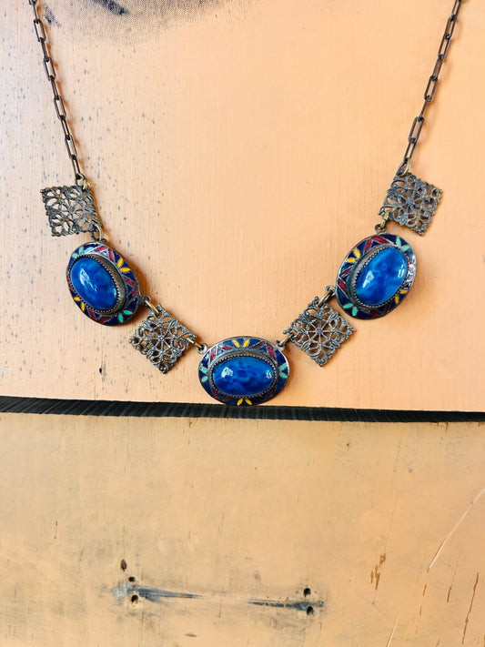 1940s Blue Stone & Enamel Deco Necklace