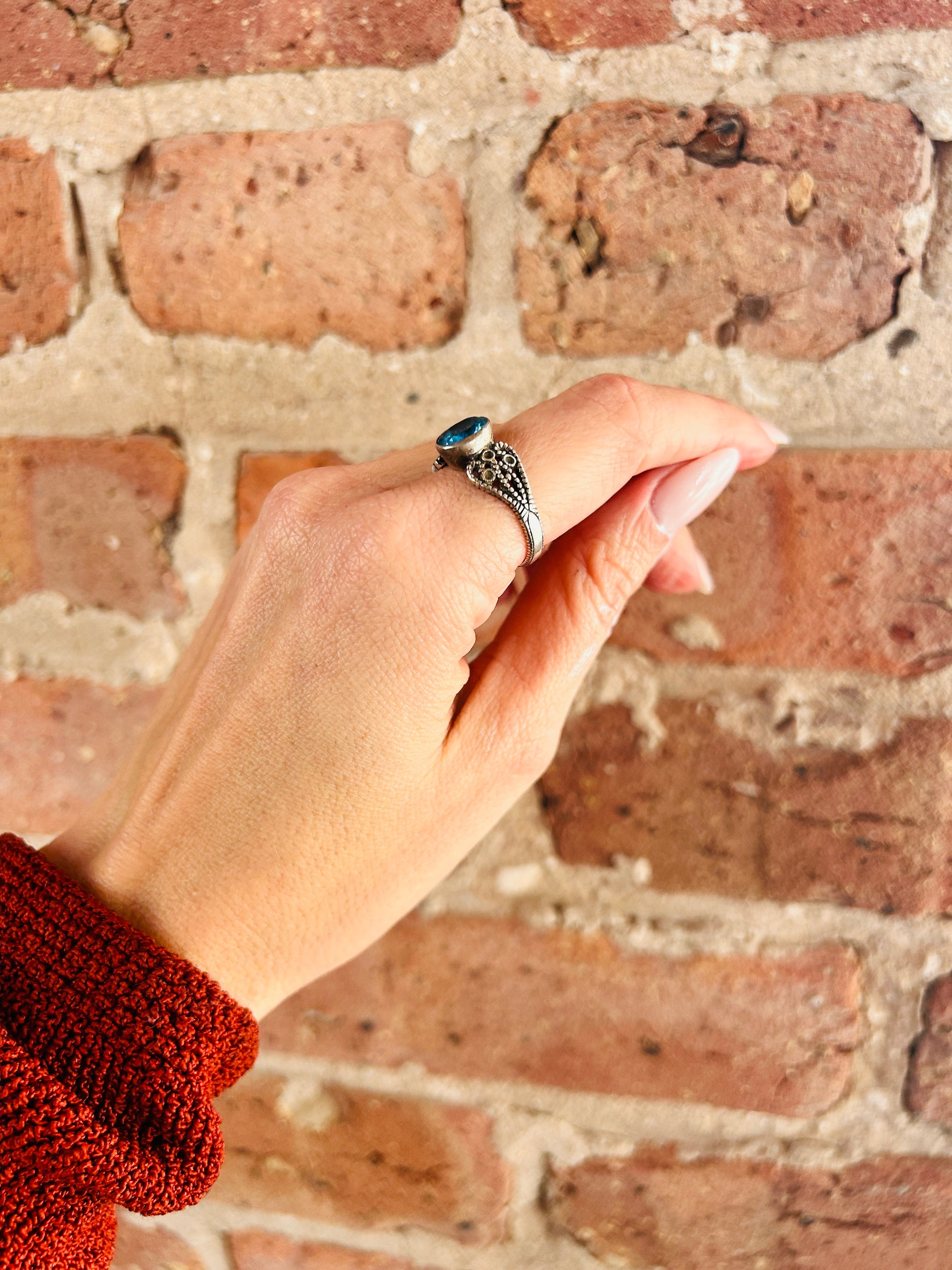 1990s Filigree Blue Stone Sterling Silver Ring - 9