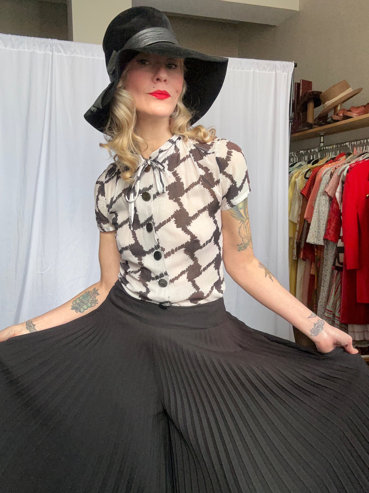1950s Houndstooth Cotton Blouse - Xsmall