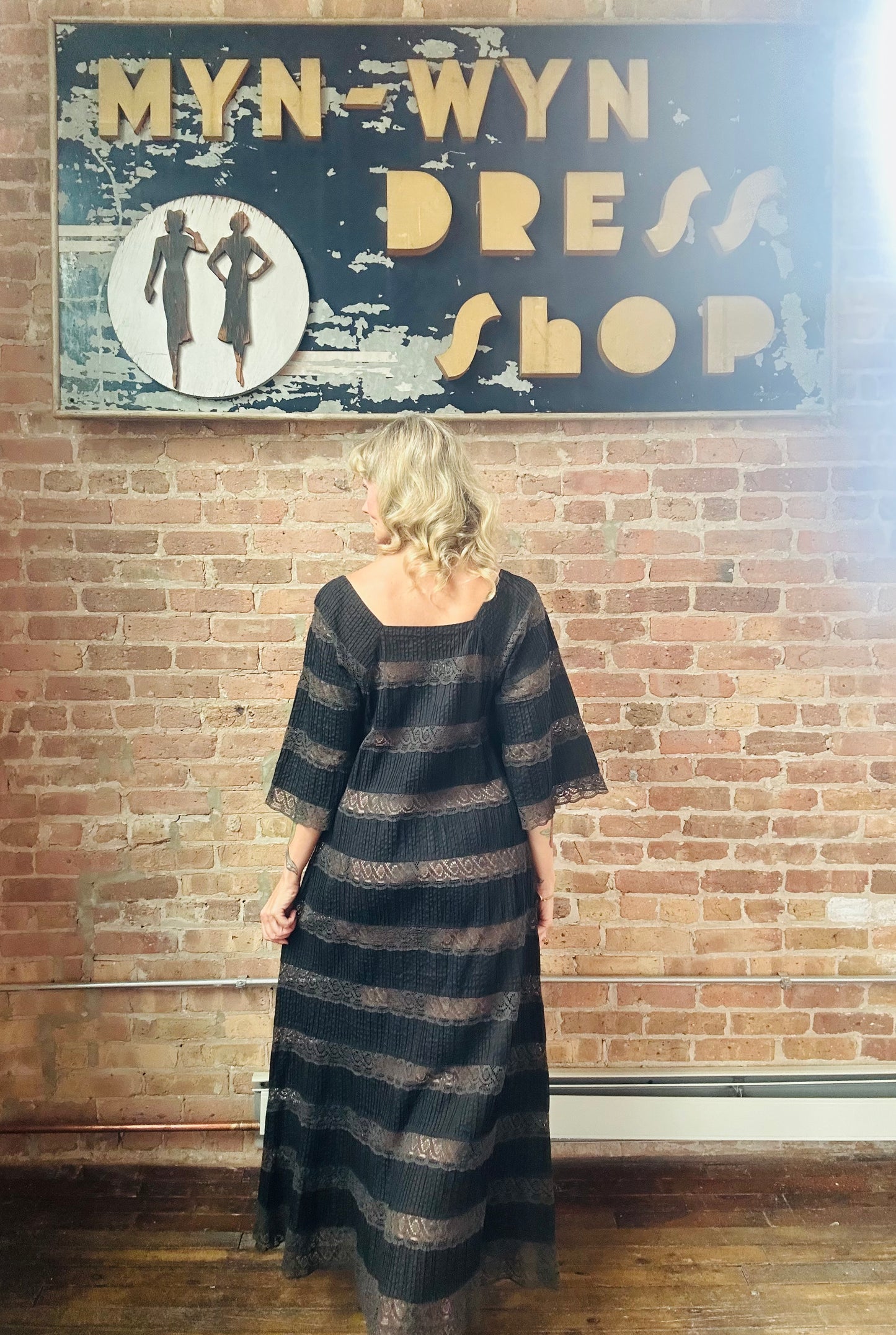 1970s Black Lace & Cotton Maxi Dress - Medium
