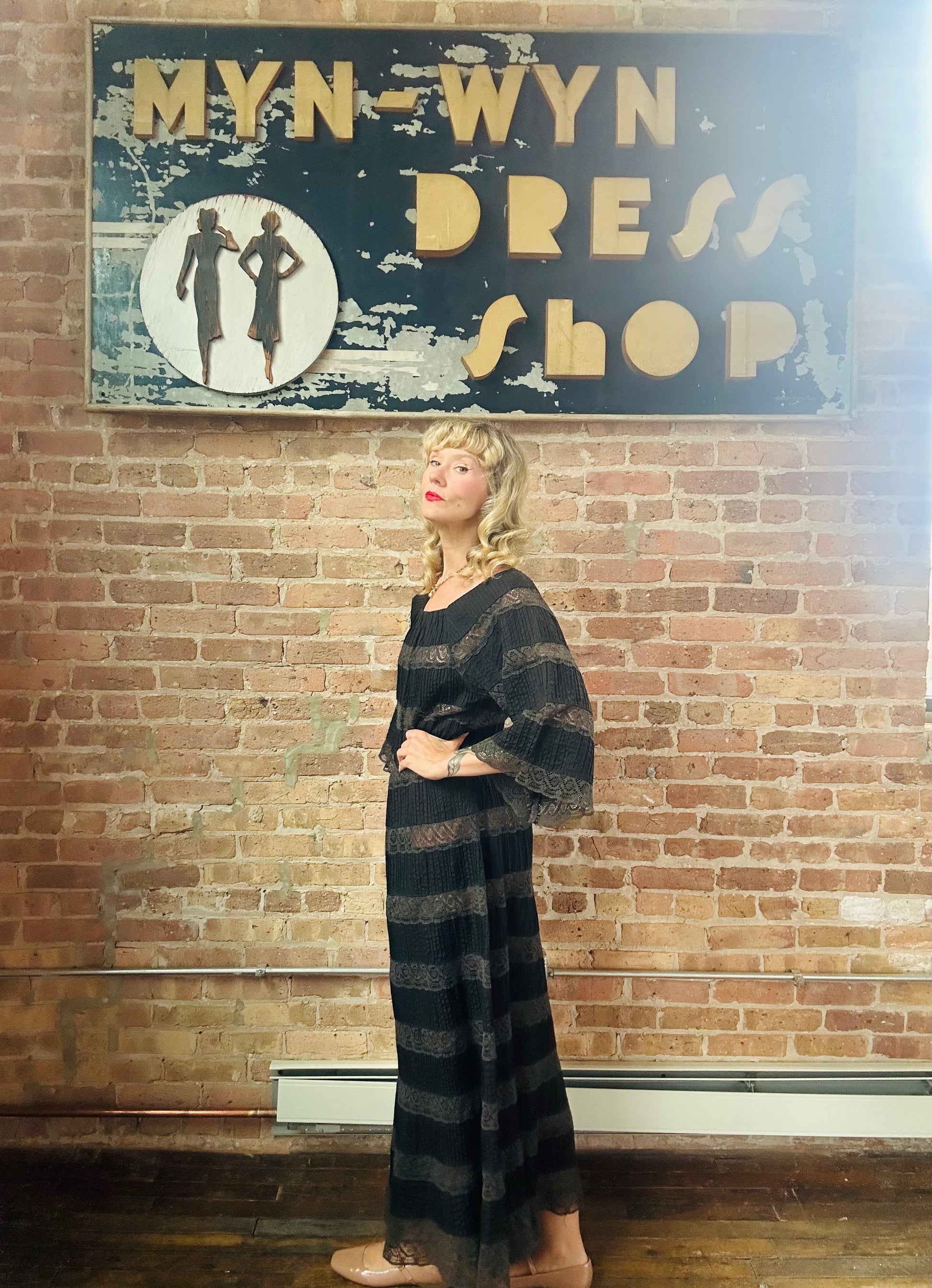 1970s Black Lace & Cotton Maxi Dress - Medium