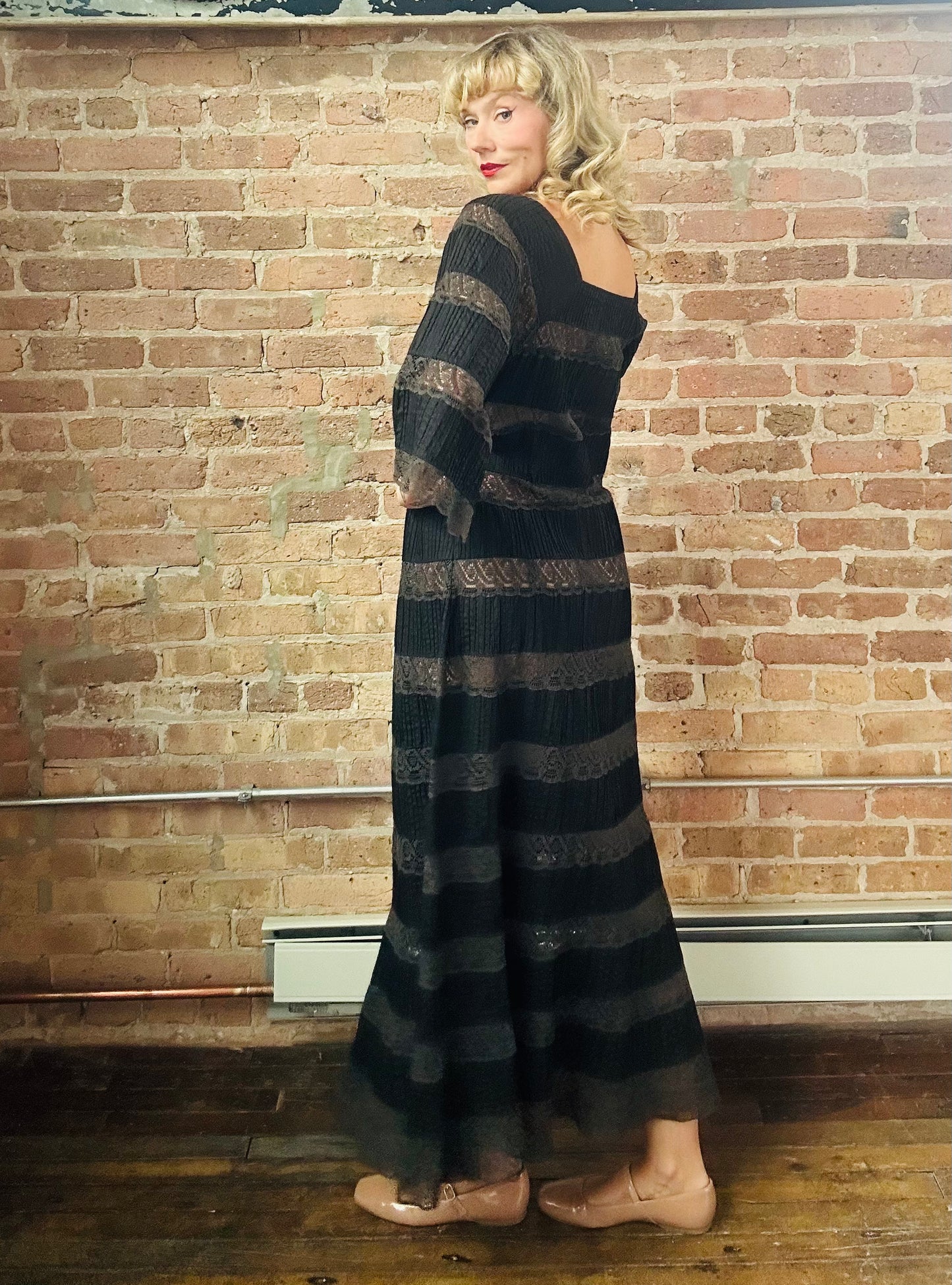 1970s Black Lace & Cotton Maxi Dress - Medium
