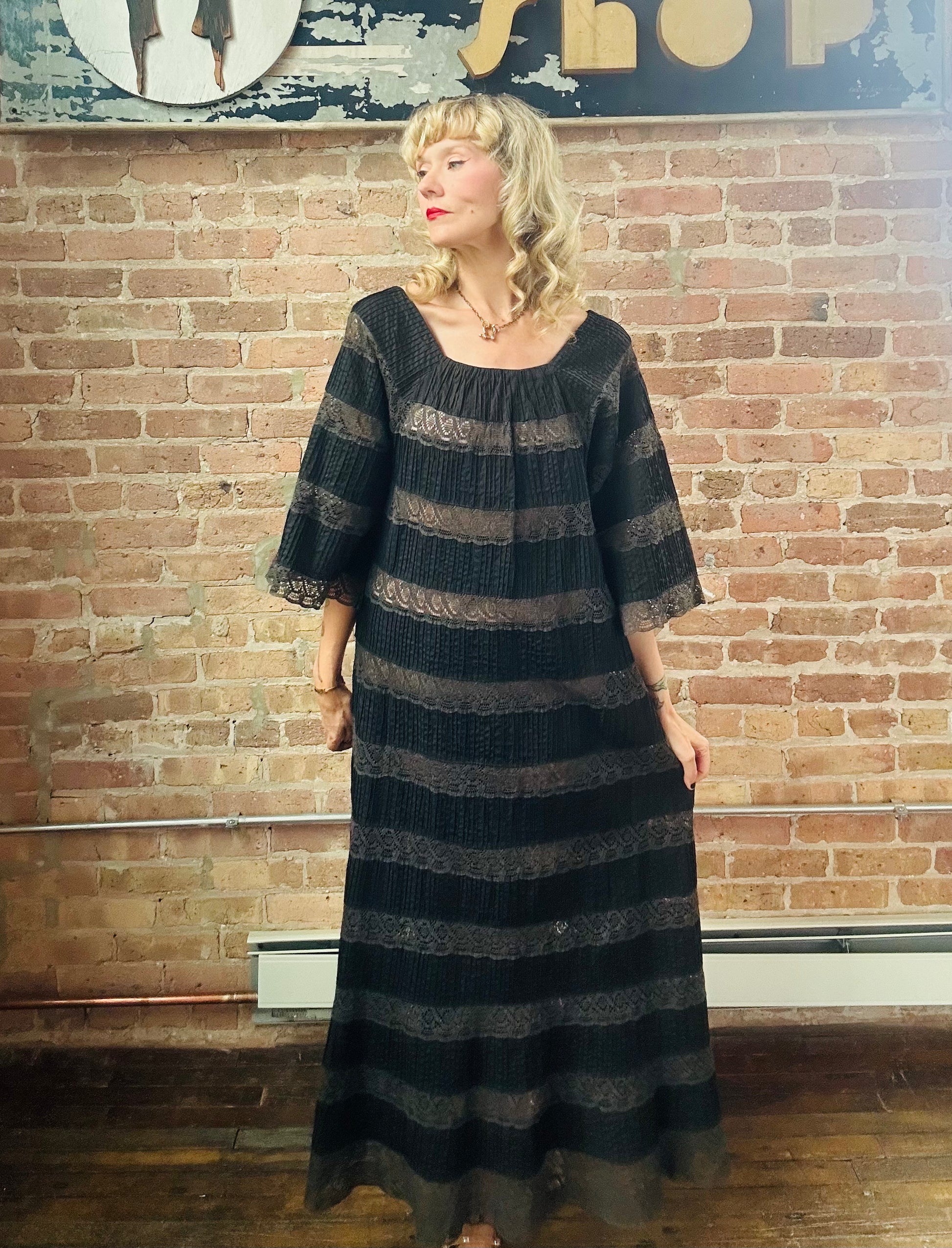 1970s Black Lace & Cotton Maxi Dress - Medium