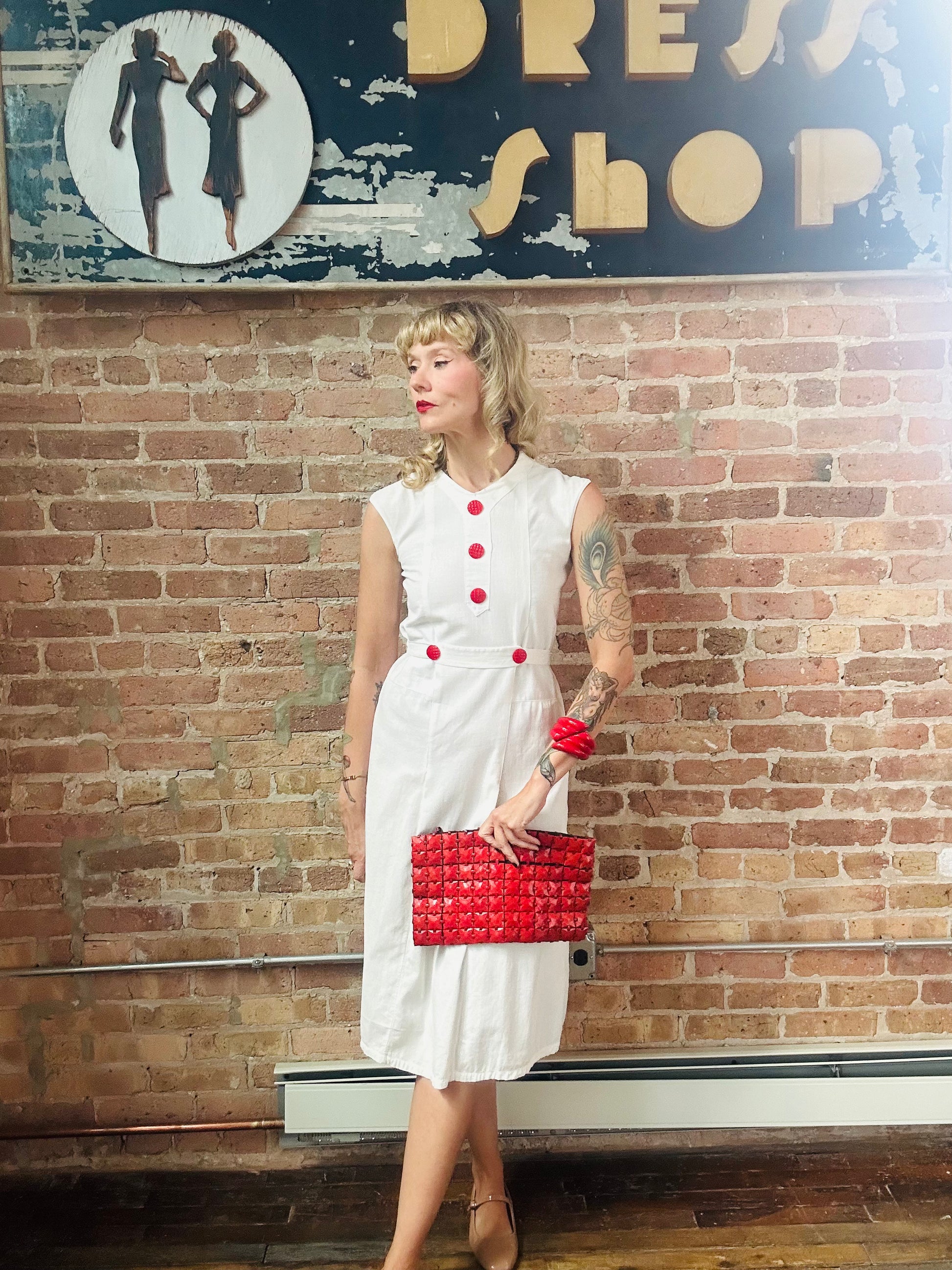 1930s White Deco Beach Dress - Small