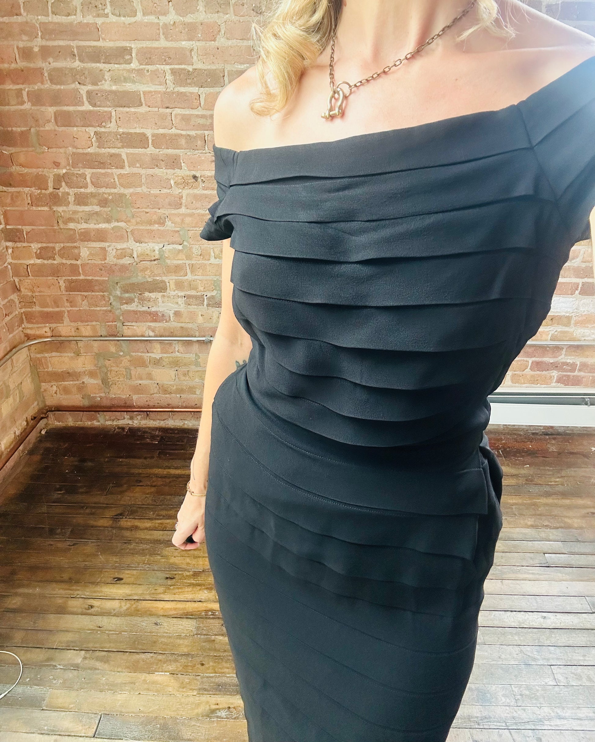 1950s Black Tiered Rayon Wiggle Dress - Small 