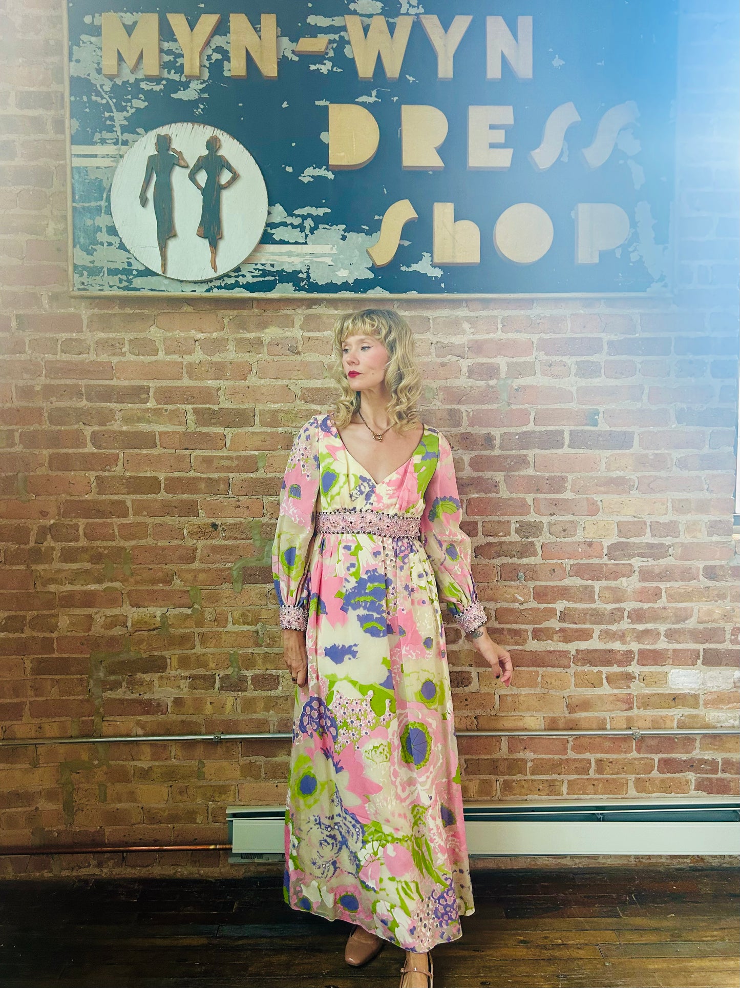 1960s Silk Floral Jewel Encrusted Bonwit Teller Maxi Gown - Small to Medium