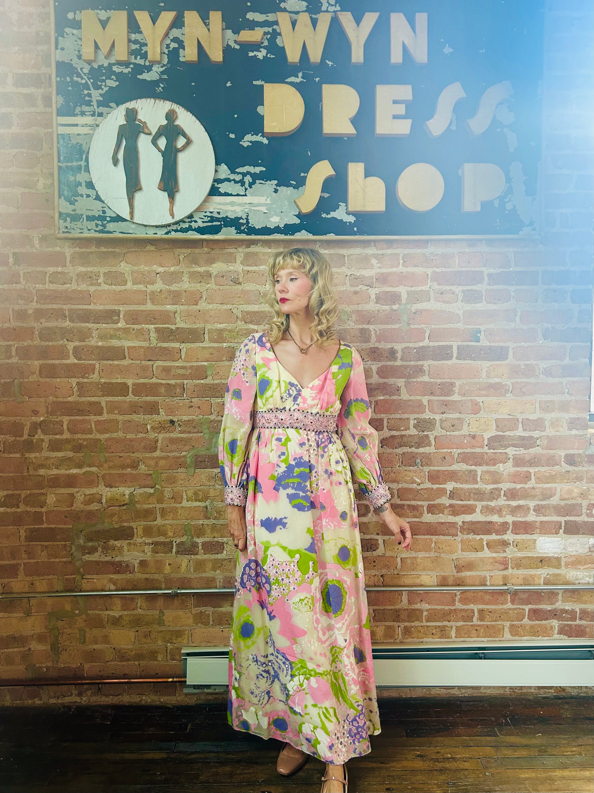 1960s Silk Floral Jewel Encrusted Bonwit Teller Maxi Gown - Small to Medium