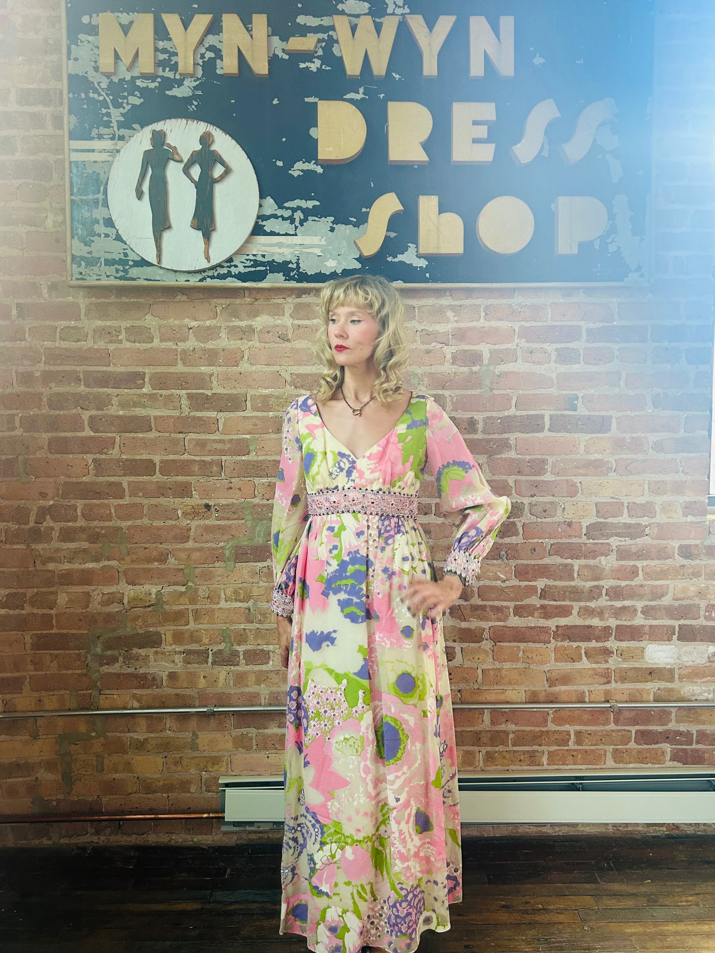 1960s Silk Floral Jewel Encrusted Bonwit Teller Maxi Gown - Small to Medium