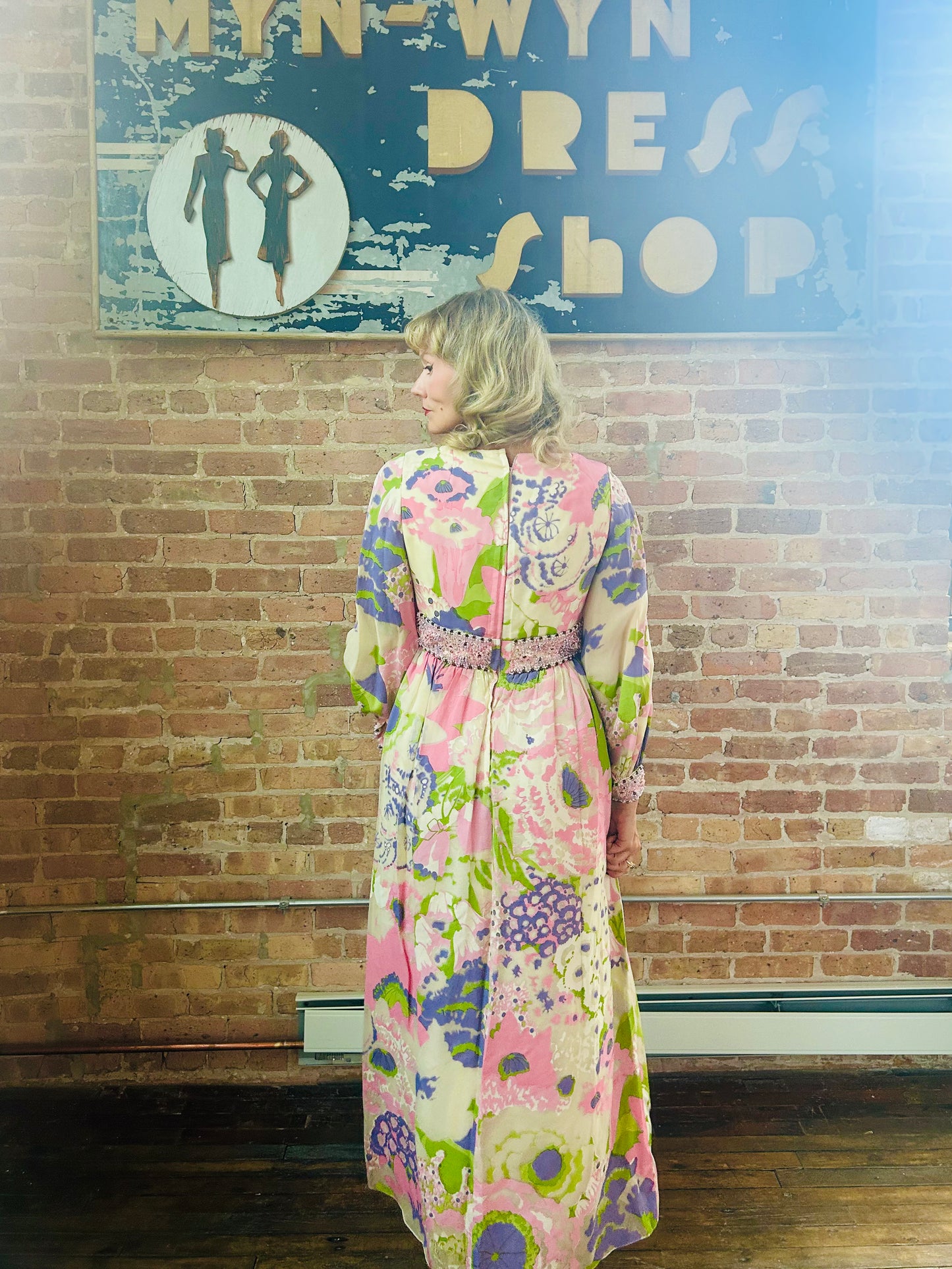 1960s Silk Floral Jewel Encrusted Bonwit Teller Maxi Gown - Small to Medium