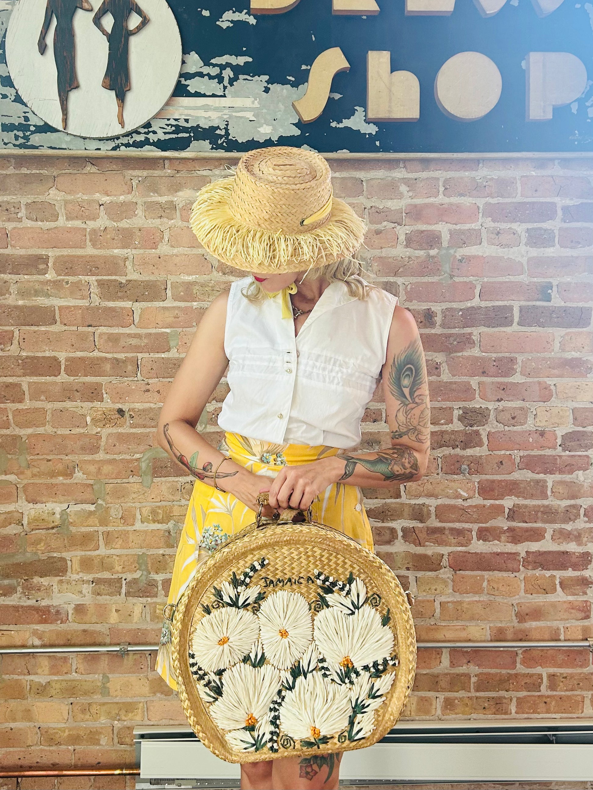 1960s Oversized Straw Floral Bag from Jamaica