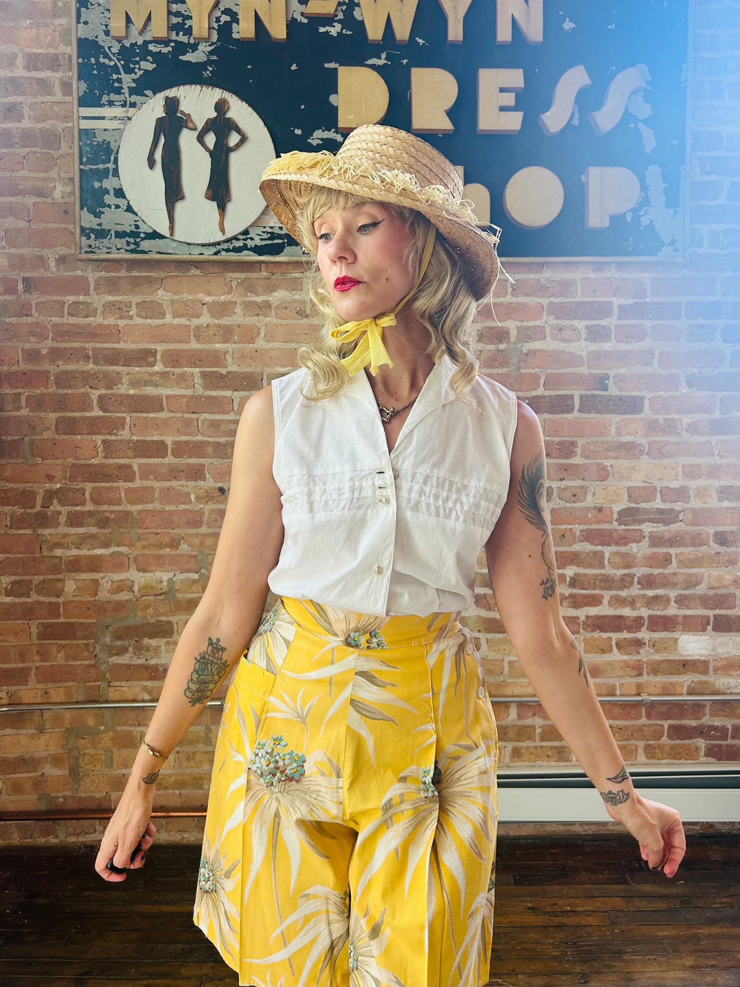 1950s Cotton White Blouse - Small  1940s Yellow Floral Cotton Shorts - Small