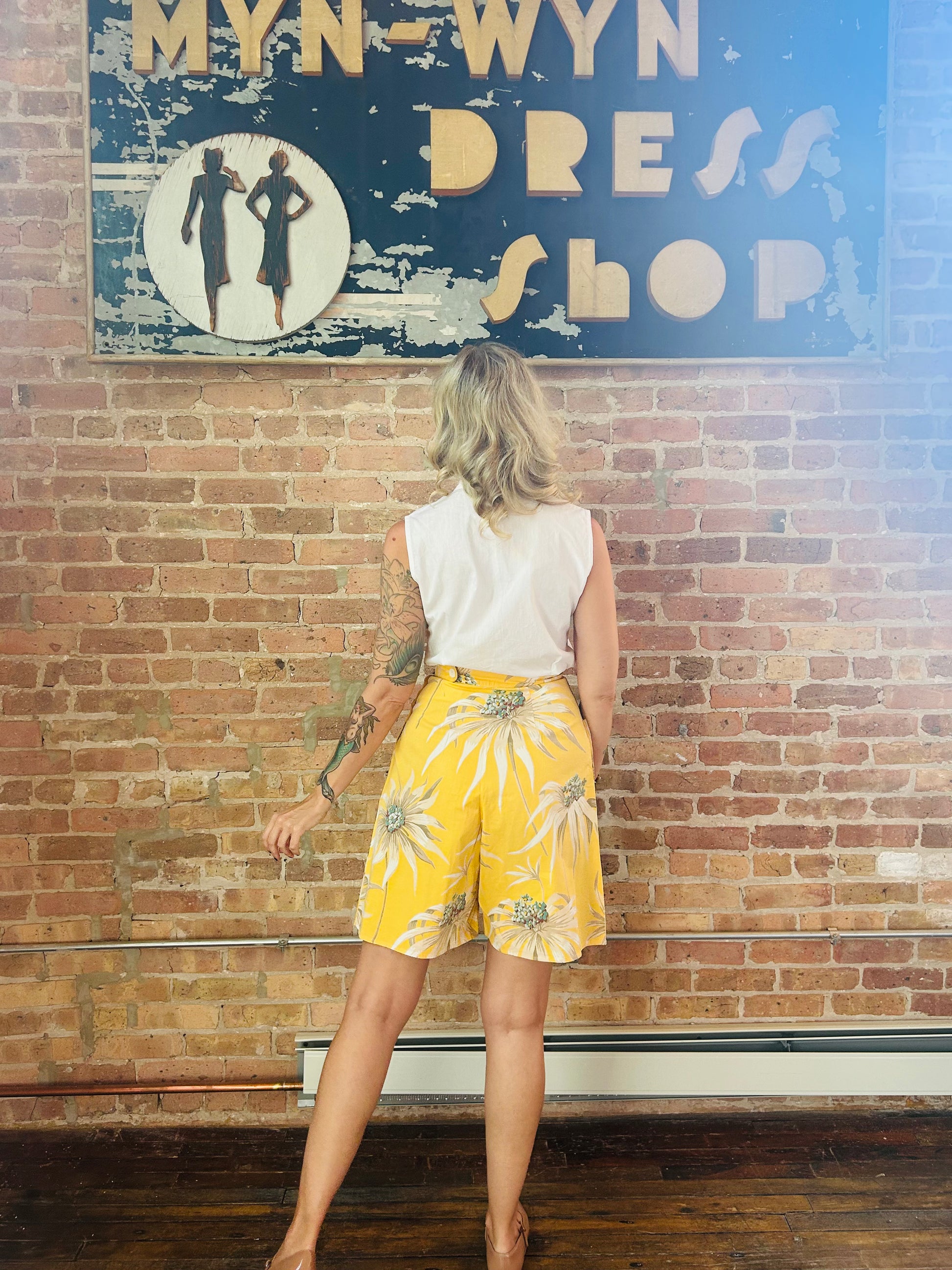 1950s Cotton White Blouse - Small  1940s Yellow Floral Cotton Shorts - Small
