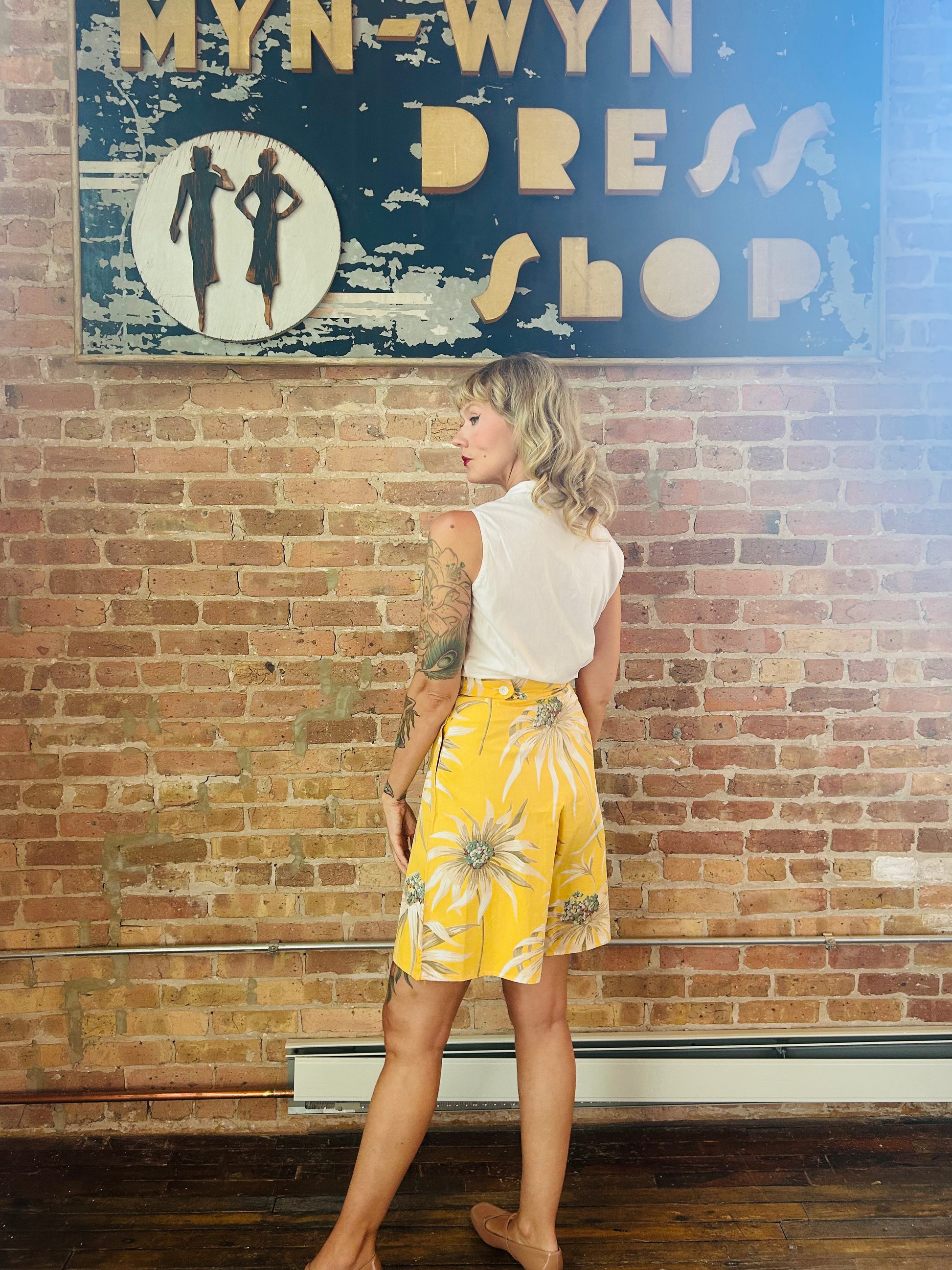 1950s Cotton White Blouse - Small  1940s Yellow Floral Cotton Shorts - Small