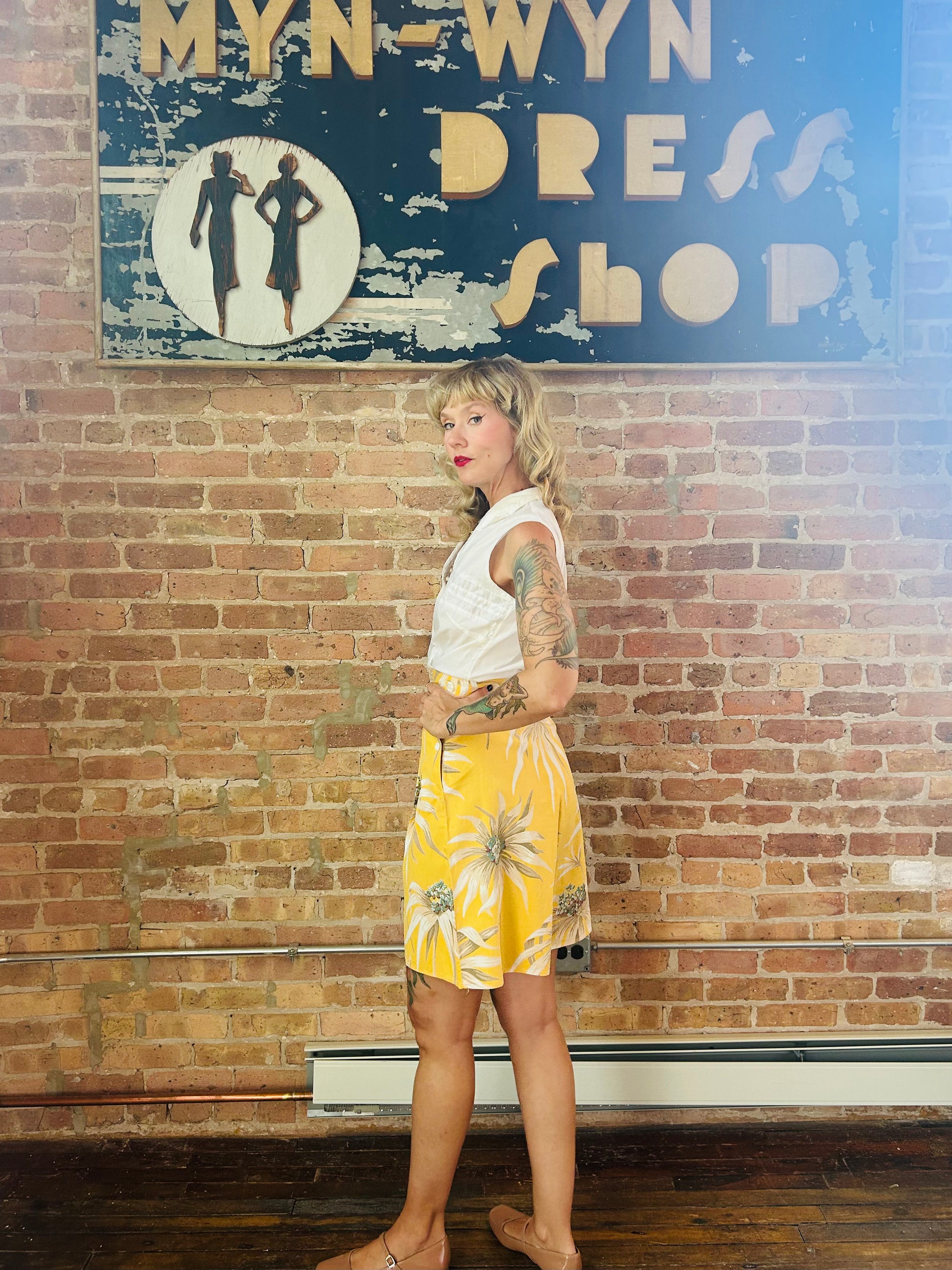 1950s Cotton White Blouse - Small  1940s Yellow Floral Cotton Shorts - Small