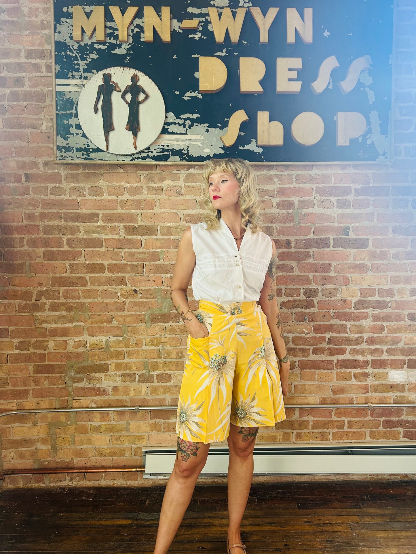 1950s Cotton White Blouse - Small 1940s Yellow Floral Cotton Shorts - small