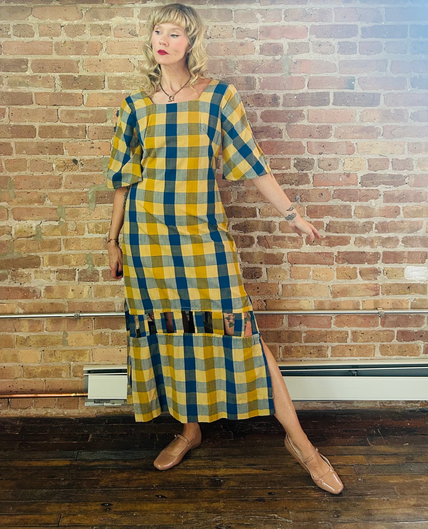 1980s Guatemalan Plaid Cutout Maxi Dress - M/L