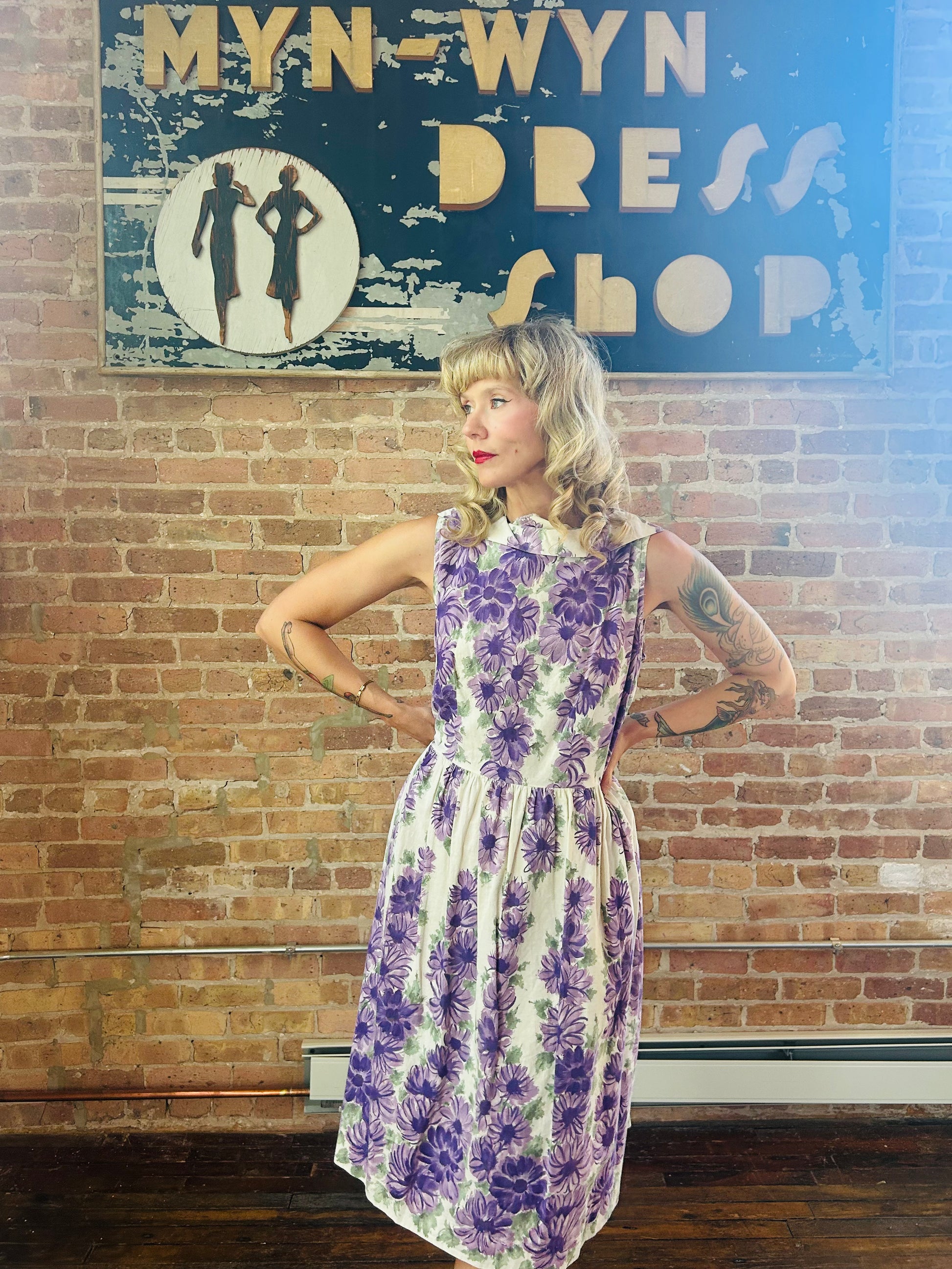 1950s Purple Floral Cotton Dress - Large