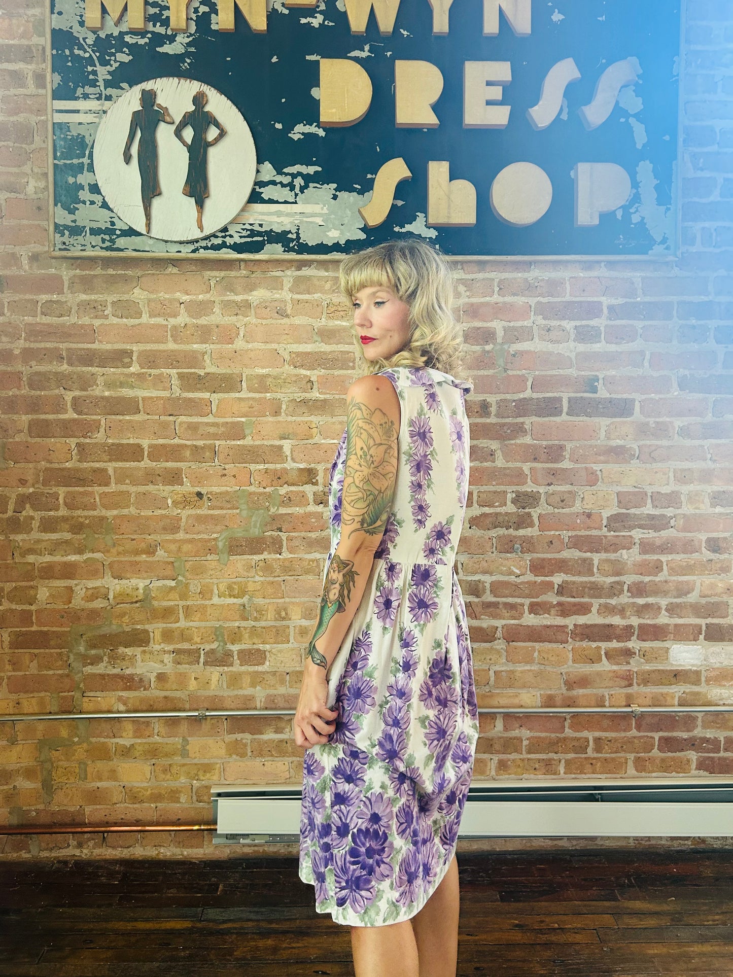 1950s Purple Floral Cotton Dress - Large