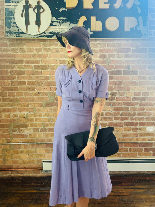 Early 1940s Linen Purple Day Dress - Small