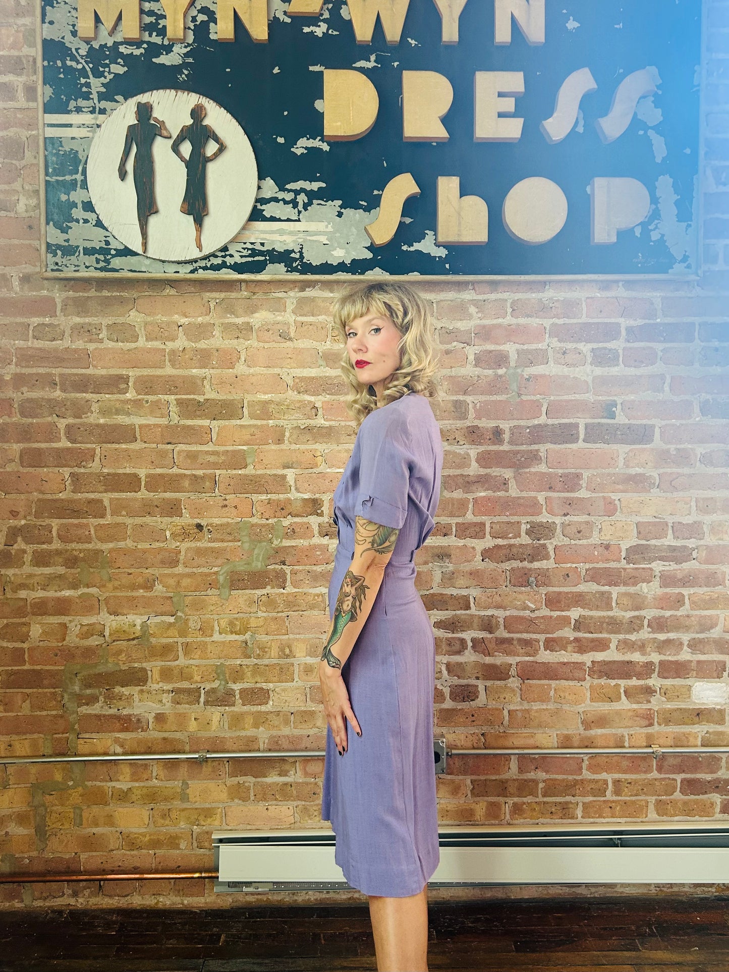 Early 1940s Linen Purple Day Dress - Small