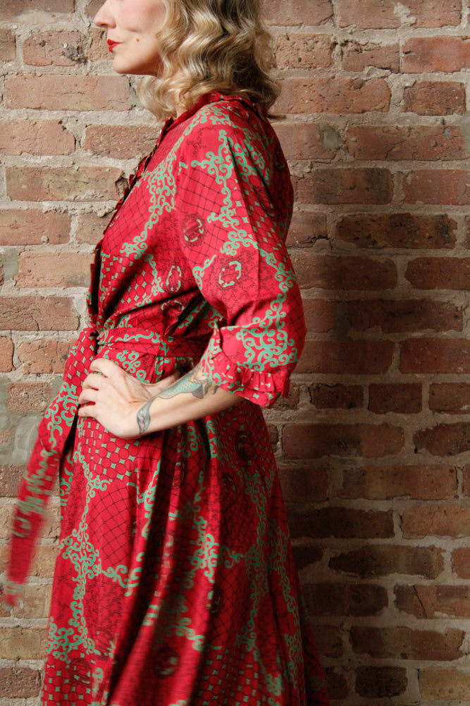 1940s Red & Green Cold Rayon Dress - Large