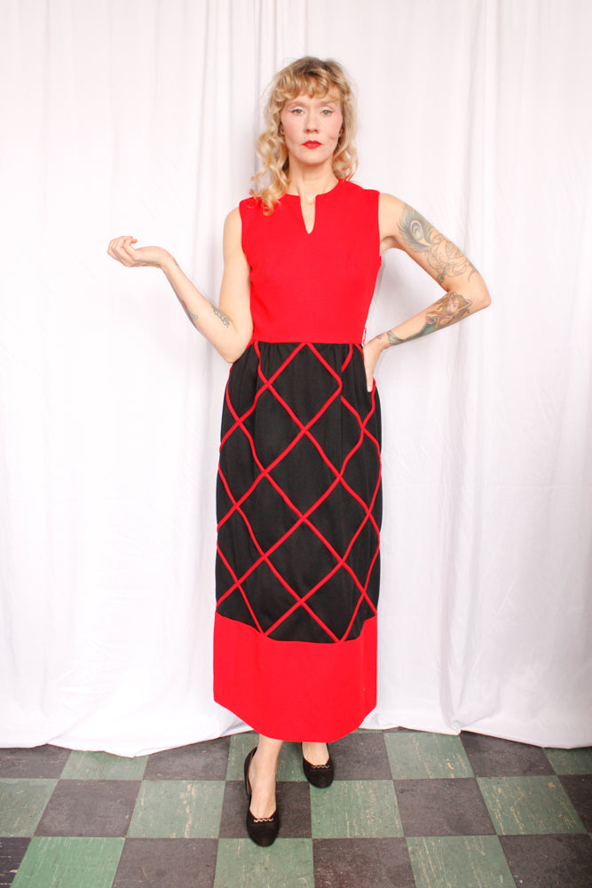 1960s Red & Black Diamond Pattern Maxi Dress - Small