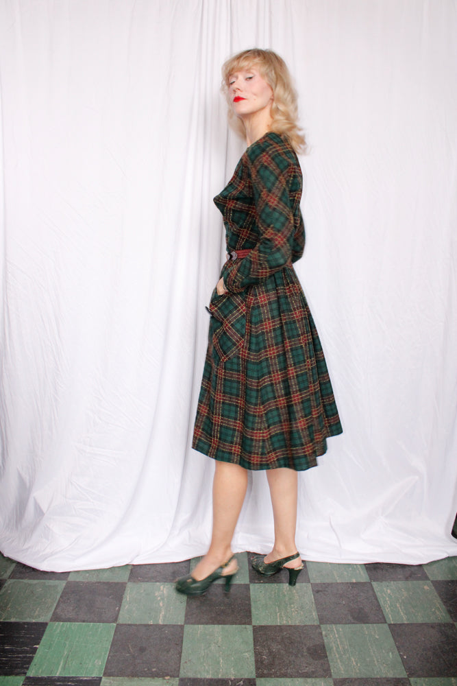 1950s Plaid Big Pocket Wool Dress - Xs/S