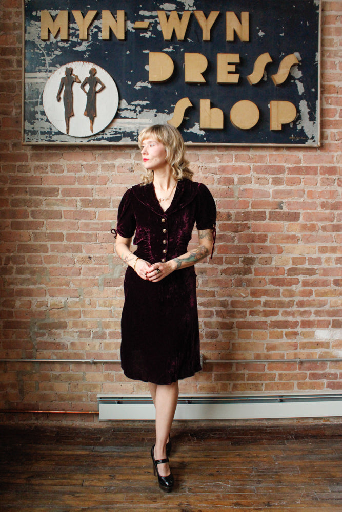 1930s Plum Silk Velvet Dress - S/M