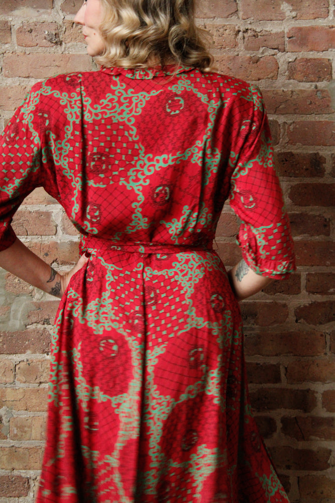 1940s Red & Green Cold Rayon Dress - Large