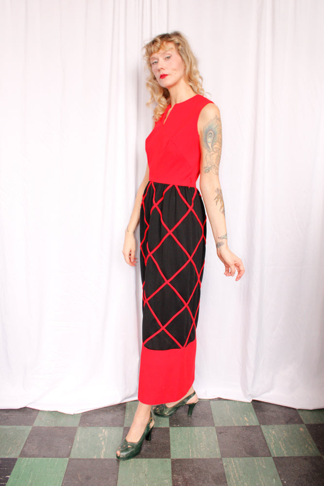 1960s Red & Black Diamond Pattern Maxi Dress - Small