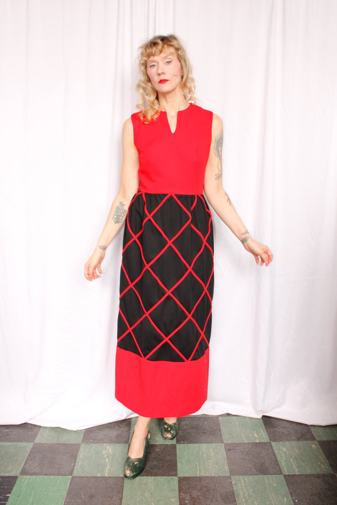 1960s Red & Black Diamond Pattern Maxi Dress - Small