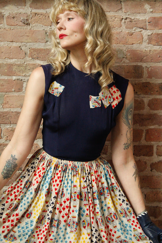 1940s Deck of Card Rayon and Silk Dress - Xsmall 