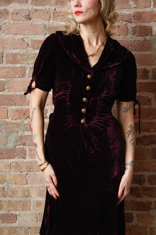 1930s Plum Silk Velvet Dress - S/M