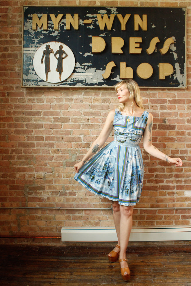 1950s Venice Scenic Border Print Dress - Xsmall