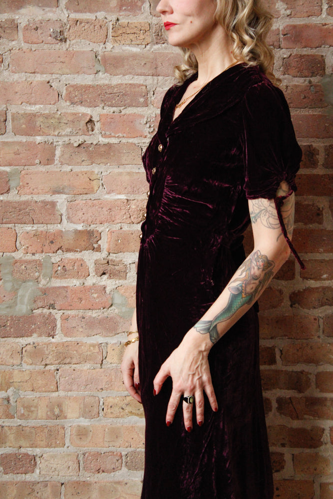 1930s Plum Silk Velvet Dress - S/M