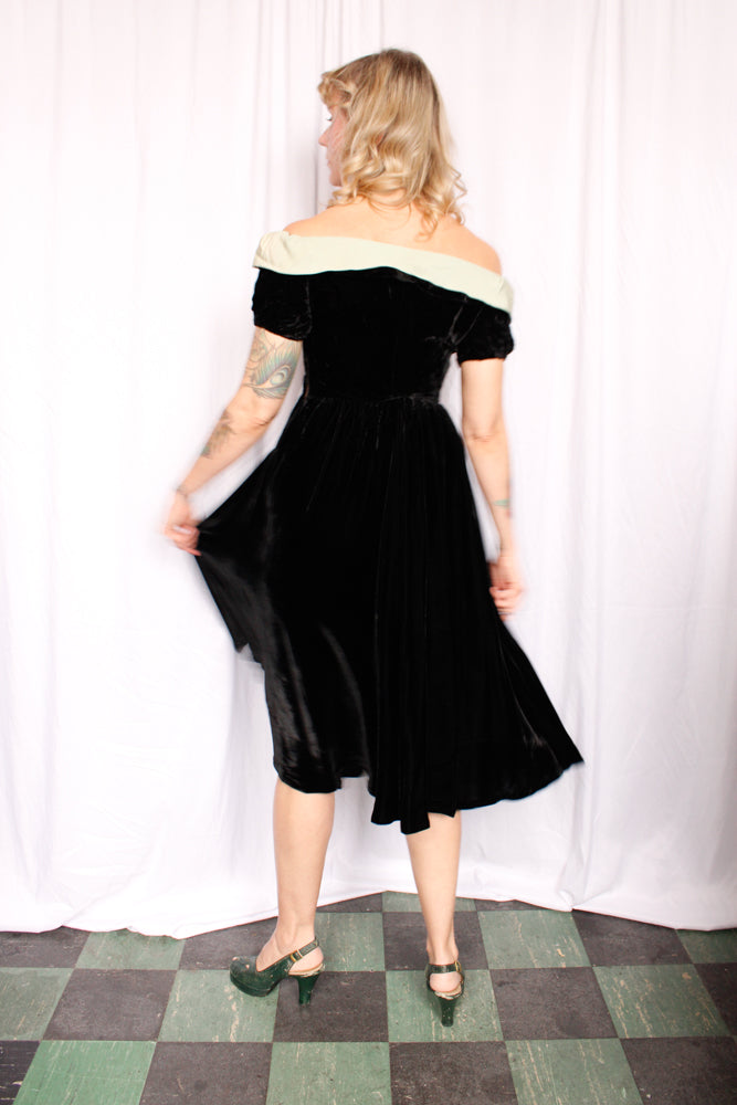 1940s Saks Fifth Ave Black Velvet Dress - Small