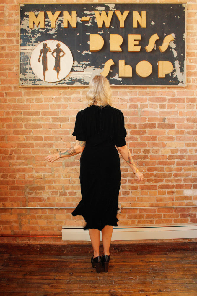 1930s Black Silk Velvet Vintage Dress one of a kind 
