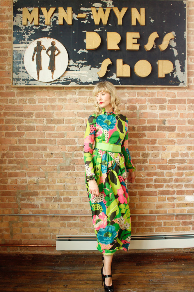 1960s Young Dimensions for Saks Fifth Ave Bold Floral Print Maxi Dress - Small 