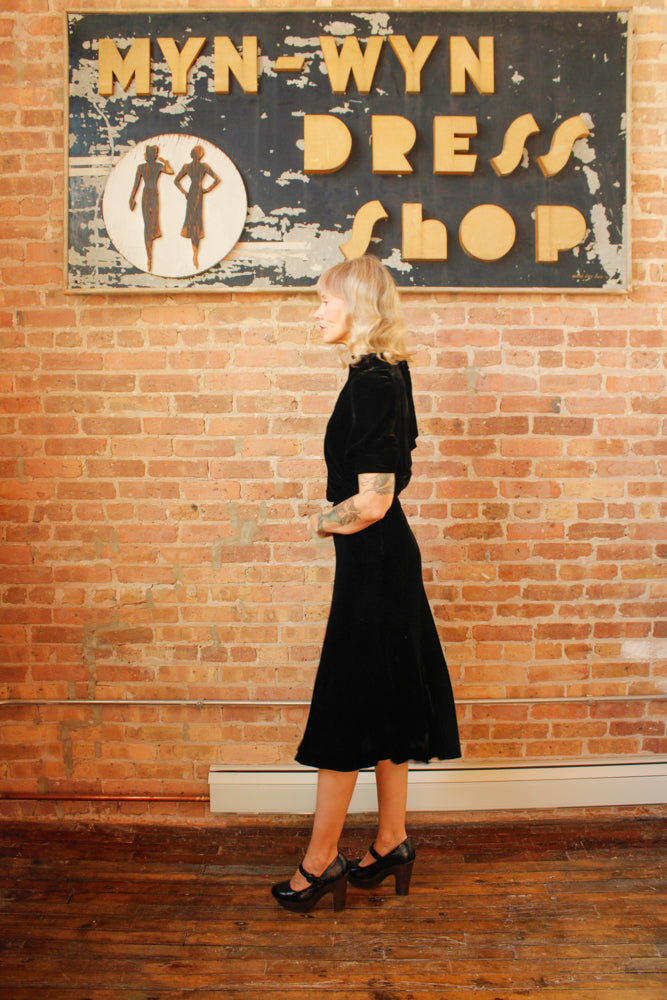 1930s Black Silk Velvet Vintage Dress one of a kind 